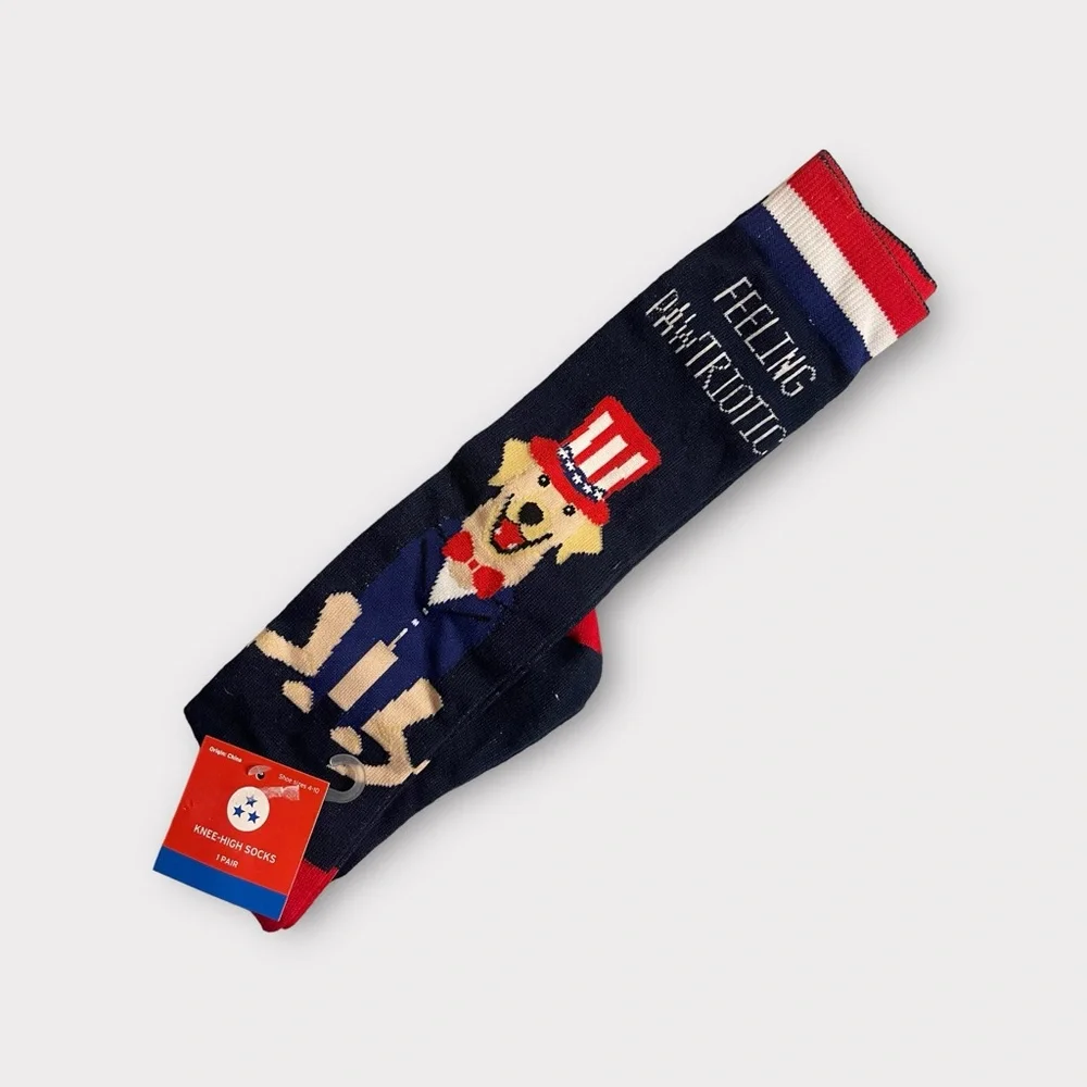 Dog Feeling Paw'triotic Graphic Knee High Blue Socks